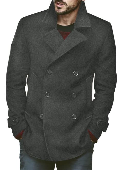Snapklik.com : Mens Classic Pea Coat Notched Collar Slim Fit Double ...
