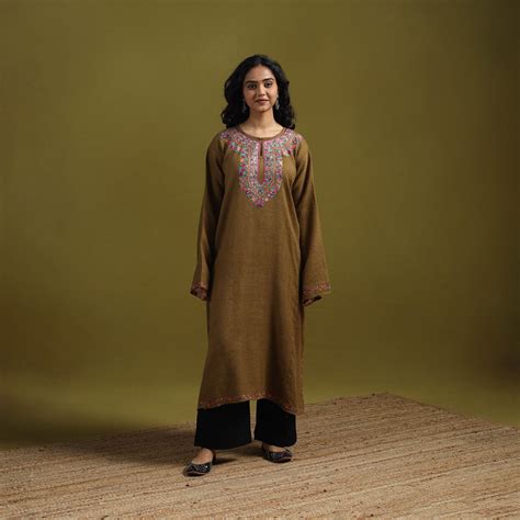 Brown Handwoven Aari Hand Embroidered Kashmiri Merino Wool Pheran