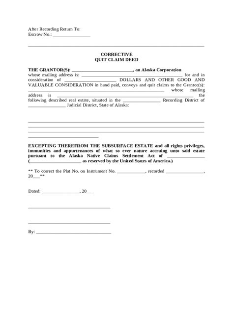 Corrective Quit Claim Deed - Blank Fillable Template | Fill Out, Print ...