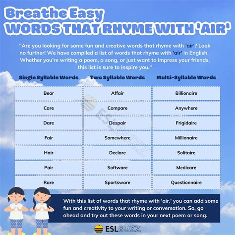 Words that Rhyme with Air to Master English Rhymes - ESLBUZZ
