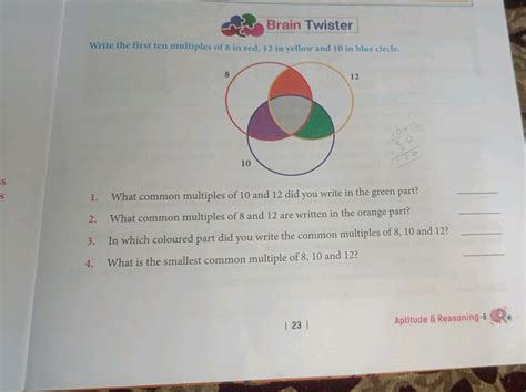 Write the first ten multiples of 8 in red, 12 in yellow and 10 in blue ci..
