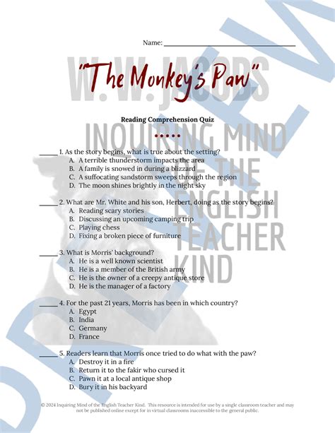 "The Monkey's Paw" by W. W. Jacobs Quiz and Answer Key | Teaching Resources