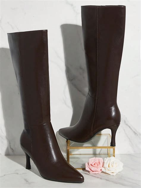 SHUZIA الحذاء الطويل والضيق، بني، أصبع القدم مدبب، كعب قطة صغيرة | شي إن