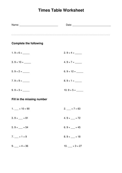 Image result for 9 Times Table Test Worksheet