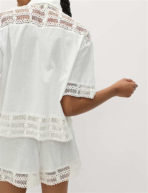 Buy Pure Cotton Lace Insert Short Sleeve Shirt at Marks & Spencer