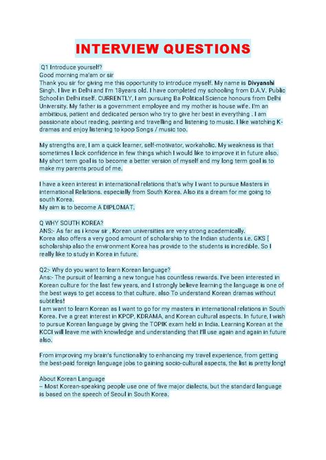 Interview Questions - INTERVIEW QUESTIONS Q1 Introduce yourself? Good ...