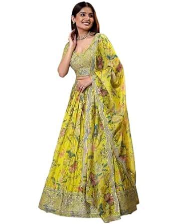 Buy JIHU CULTURE Women's Organza Semi-Stitched Yellow Digital Print ...