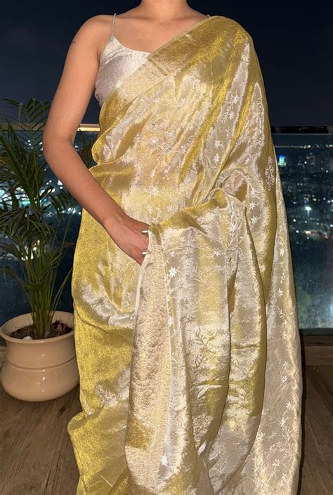 Gold Shimmery Tissue Saree – House Of Yushita