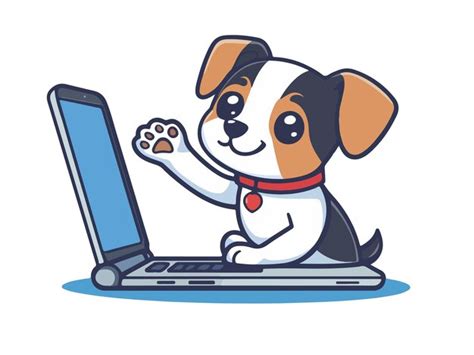 A dog is playing with a laptop and a cartoon image of a dog on the ...