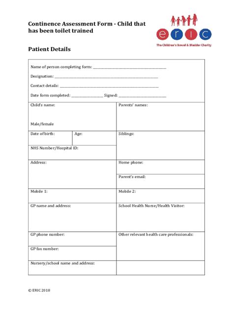 Continence Assessment Form - Child - Blank Fillable Template | Fill Out ...