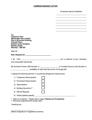 COMMON REQUEST LETTER Customer Name - Mahanagar Gas - Fill and Sign ...