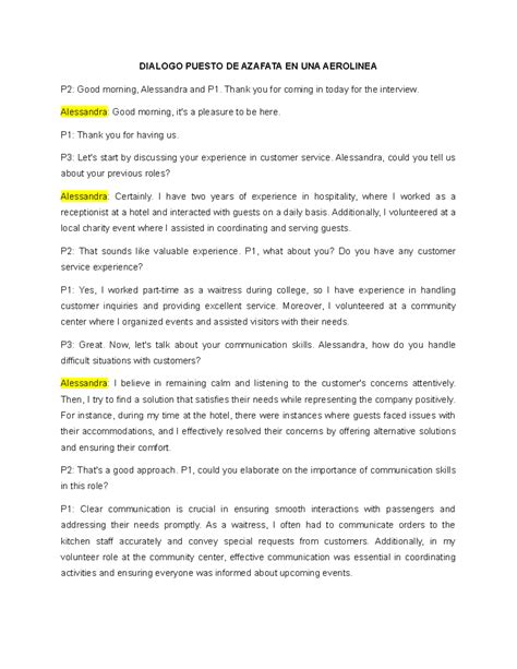 Dialogo Ingles TA2 - DIALOGO PUESTO DE AZAFATA EN UNA AEROLINEA P2 ...
