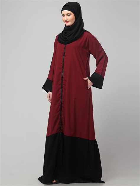 Maroon and Black Front Open Solid Abaya Burqa Dress for Women & Girls ...