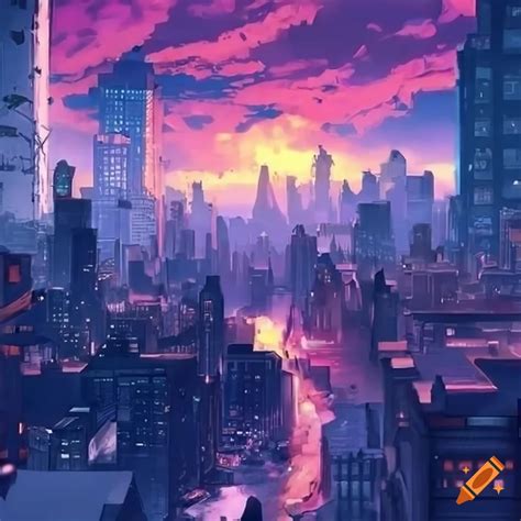 Anime cityscape wallpaper at night on Craiyon