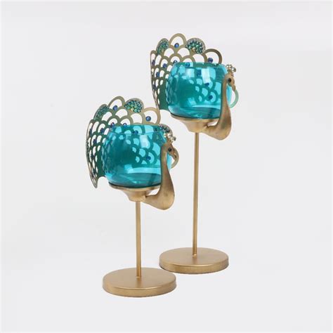 Buy Mayur Set of 2 Glass & Iron Peacock Pedestal T-Light Holders from ...