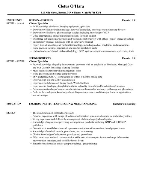 Clinical Specialist Resume Samples | Velvet Jobs