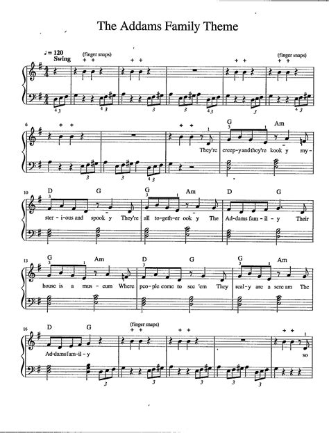 The Addams Family Theme - Digital Piano Sheet Music With Lyrics - Key ...