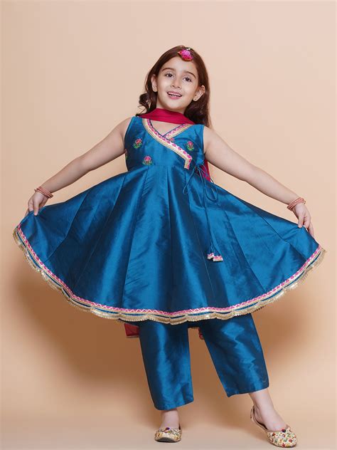 Shop Bitiya by Bhama Girls Blue Embroidered Angrakha Kurta with ...