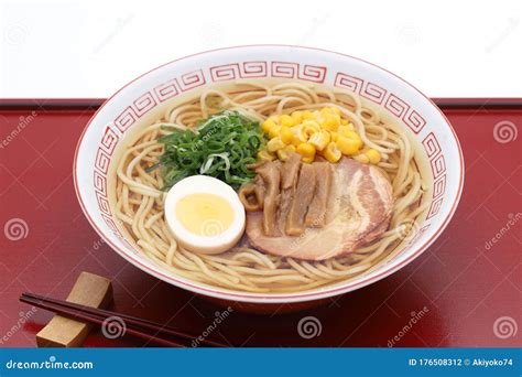 Japanese Soy Sauce Ramen Noodles in a Bowl Stock Photo - Image of green ...