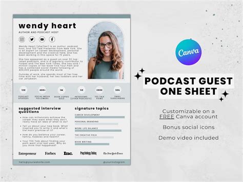 Podcast Guest One Sheet Template, Podcast Guest Template, Speaker Sheet ...