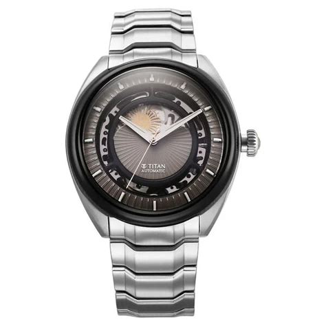 Titan Stellar Automatic Sun Moon Phase Grey Dial Stainless Steel Strap ...