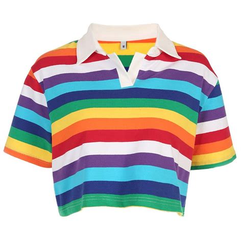 Short Sleeve Rainbow Striped Cropped Polo Collar Shirt | Rainbow outfit ...
