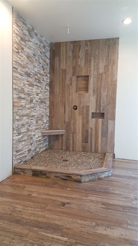 Shower – Wood-look Tile, Quartzite Ledger, and Pebbles | Tile and ...