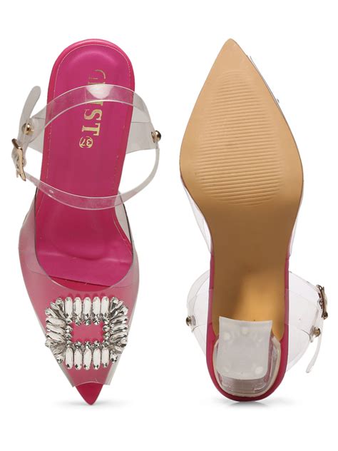 GNIST Pink Pointed square Embellished Back Strap Stilettos – Gnist Footwear