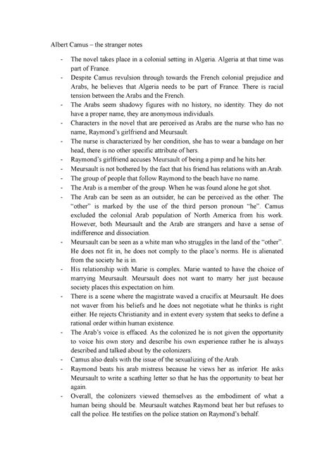 The stranger notes - Albert Camus – the stranger notes The novel takes ...