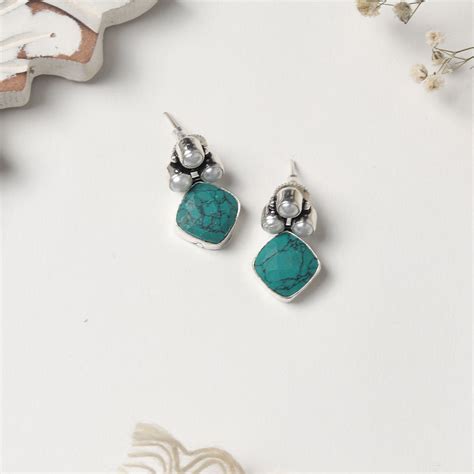 Shop Teejh Delisha Turquoise Stone Silver Oxidised Stud Earrings For Women