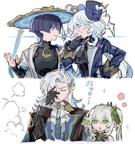 scaramouche, furina, nahida, wanderer, and neuvillette (genshin impact) drawn by shima_(vivi_do ...