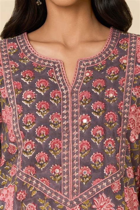 Buy Mauve Hand Block Printed Straight Cotton Kurta for Women ...