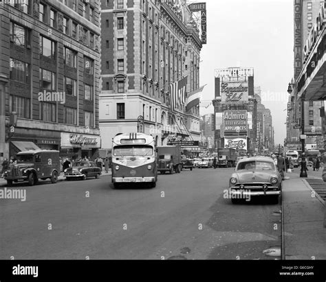1950s NEW YORK CITY TIMES SQUARE TRAFFIC BROADWAY BUS LOOKING NORTH ...