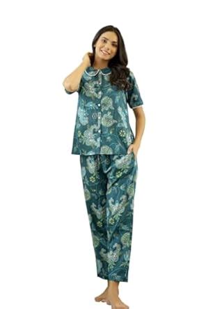 Buy SAY Women's Cotton Printed Night Suit Set of Shirt & Pyjama (Green ...