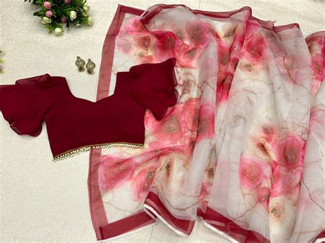 Mesmerizing Maroon and White Flower Print Organza Silk Saree