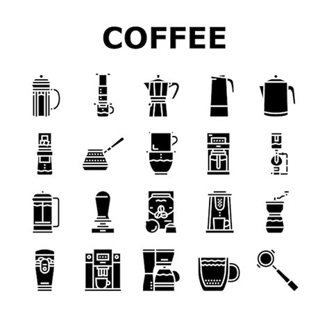 Kaffeemaschine und Zubehör-Symbole setzen Vektor | Premium Vektor