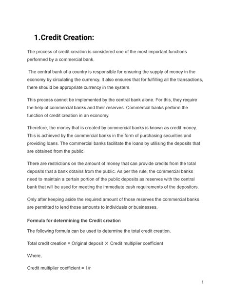 Monetary Econ - 1 Creation: The process of credit creation is ...