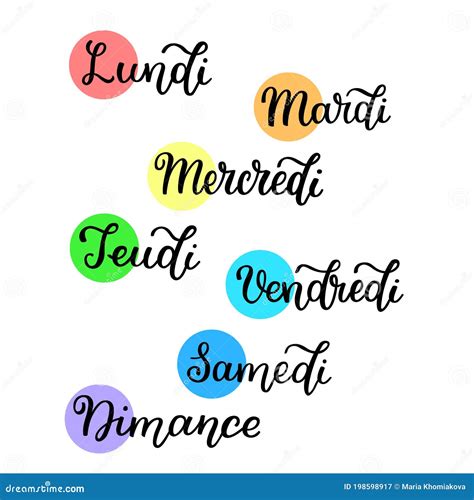 Lettering in French, Days of the Week - Monday, Tuesday, Wednesday ...