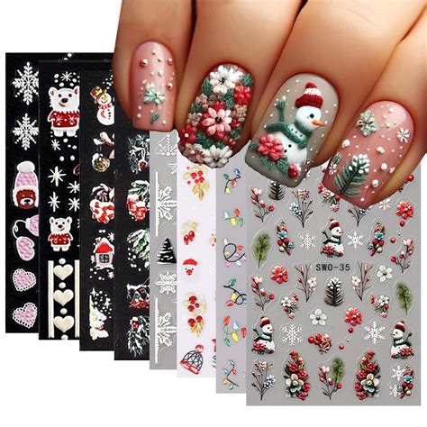 Amazon.com: 8 Sheets 5D Christmas Nail Art Stickers Self-Adhesive ...
