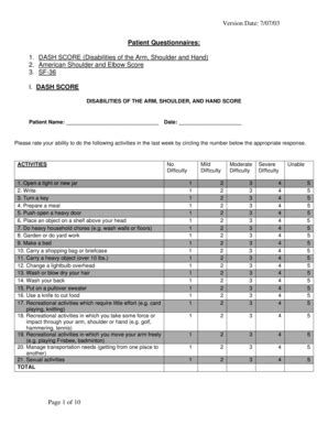 Fillable Online Disabilities of the Arm Shoulder and Hand - Hommen ...