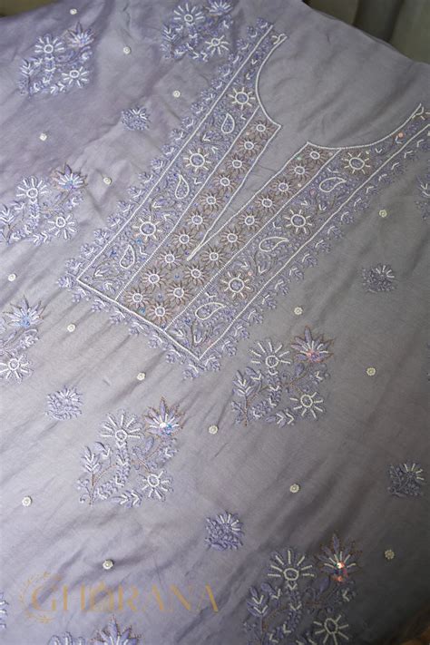 Chanderi Silk Fine Chikankari Unstitched Kurta and Dupatta Set with em ...