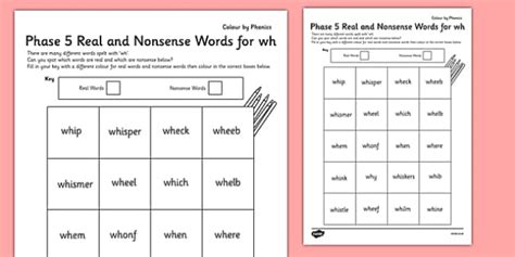 Phase 5 'wh' Colour by Phoneme Real and Nonsense Words