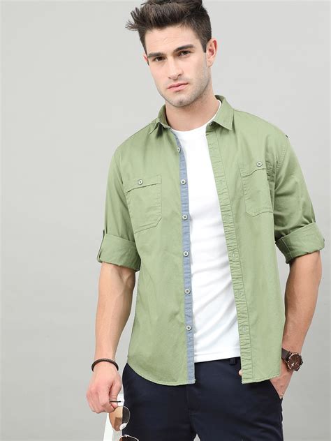 Buy HERE&NOW Men Olive Green Solid Slim Fit Cotton Casual Shirt ...