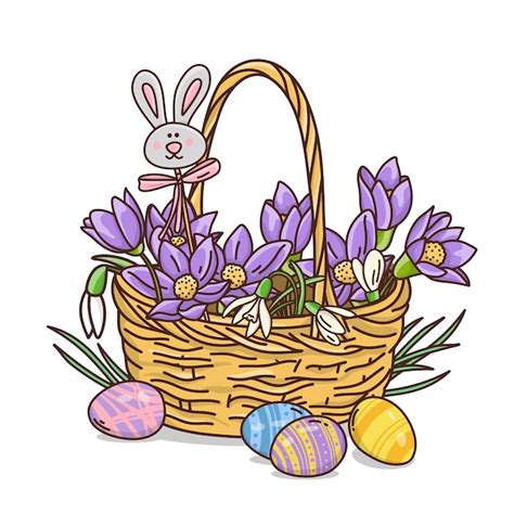 Doodle style wicker basket with the first spring flowers and easter ...