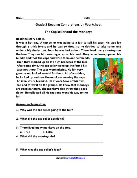 Cap Seller and Monkeys Third Grade Reading Wo… | Free reading ...