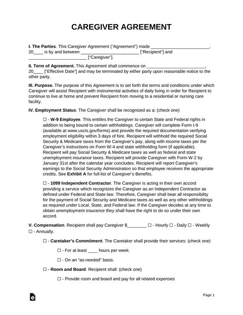 Caregiver Agreement Template