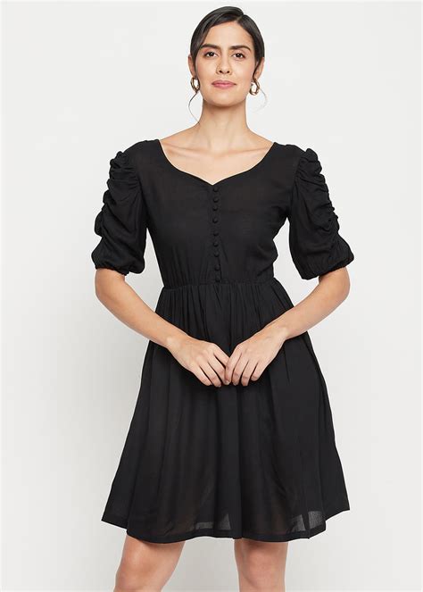 Get Solid Black Gathered Dress With Puff Sleeves at ₹ 1080 | LBB Shop