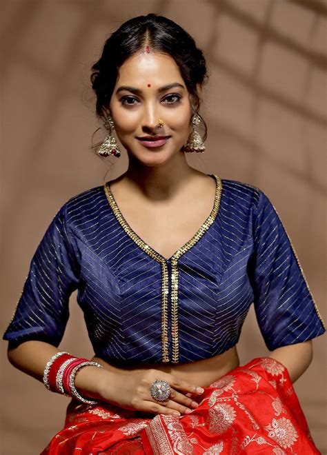 Navy Blue Dupion Silk Designer Blouse