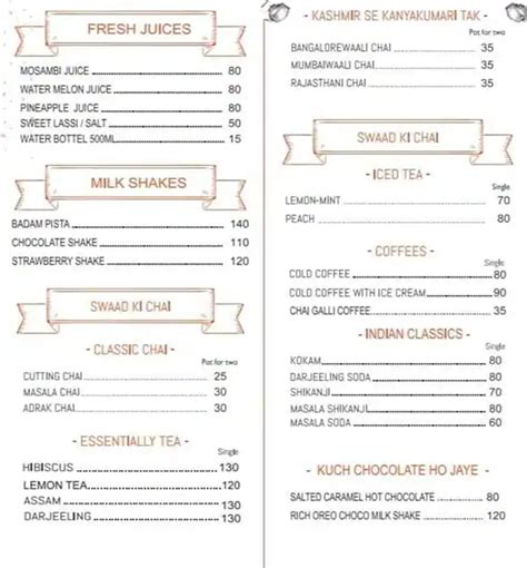 Menu at Chai Galli - Guindy, Chennai