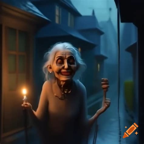 Creepy old lady holding a candle, inviting in the rain at night on Craiyon